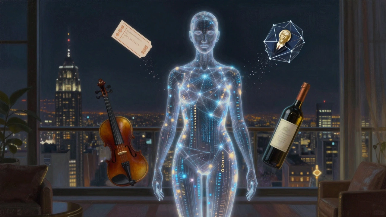 Прозрачная фигура из цифровых потоков стоит в пентхаусе, вокруг нее — символы культуры и блокчейн-узлы, городской пейзаж позади.