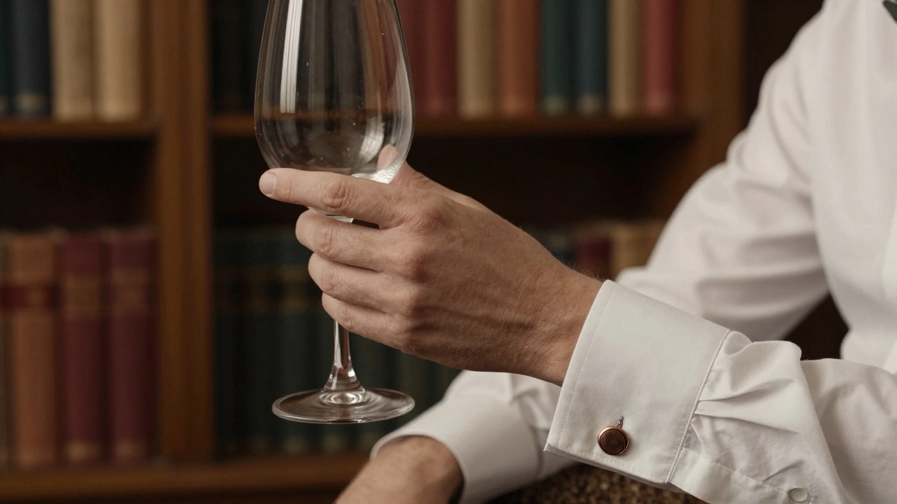 Рука мужчины держит бокал вина, на манжете — медная запонка, фон — полки с книгами.