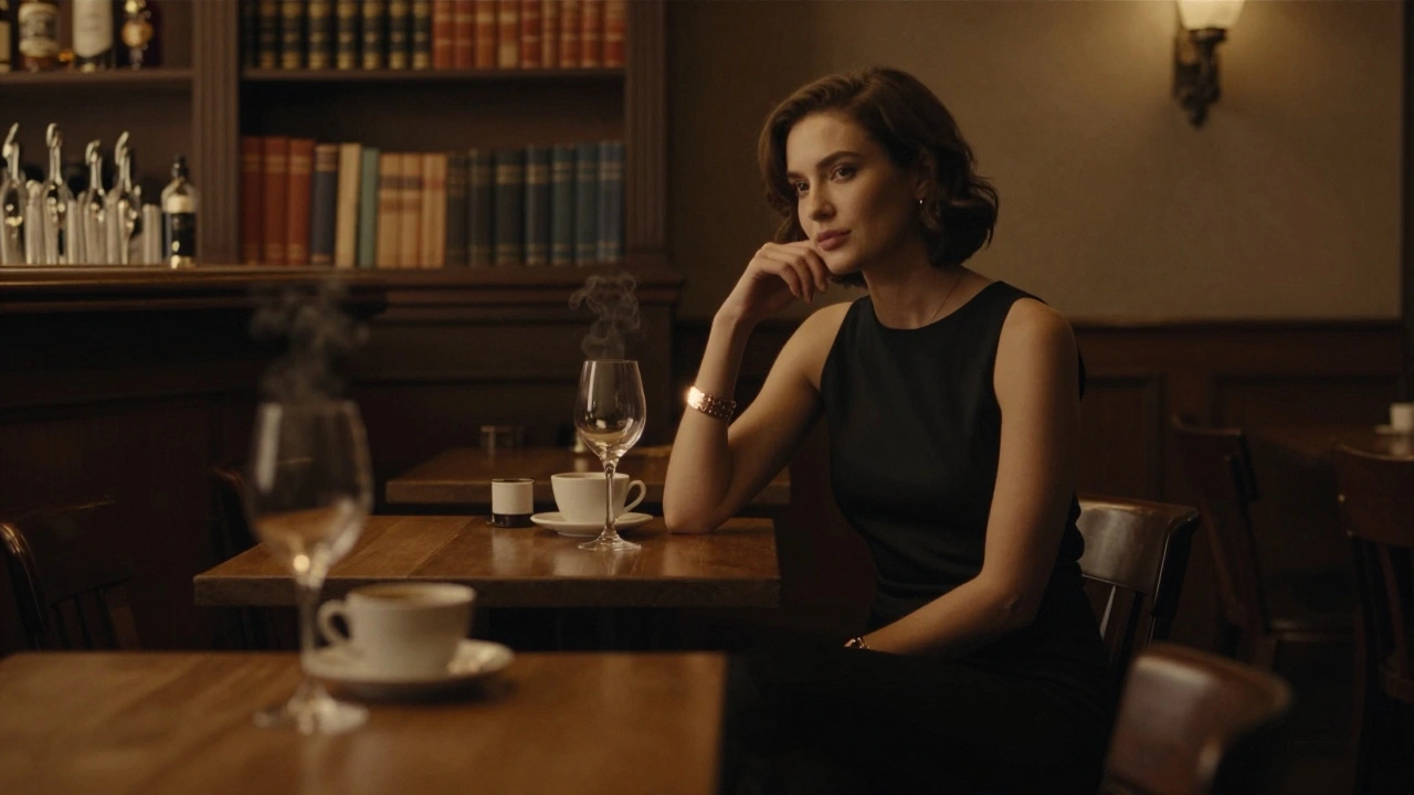 Женщина в баре на Старом Арбате, деревянные столы, тёплый свет, браслет на руке.