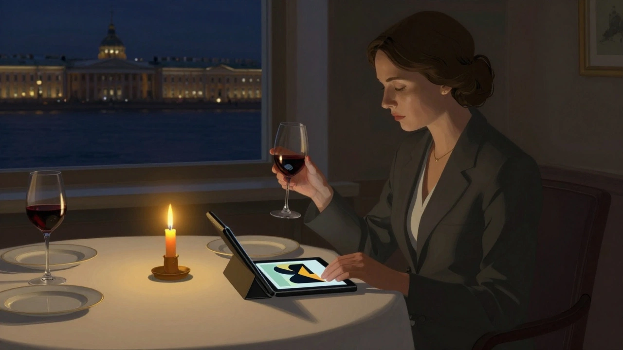 Женщина в костюме сидит за ужином в закрытом зале, перед ней вино и картина на экране, за окном — силуэт Санкт-Петербурга.